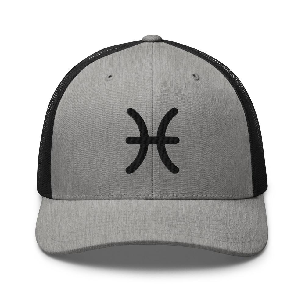 Pisces Zodiac Embroidered Curved Bill Trucker Hat - Heather/Black Color - https://ascensionemporium.net